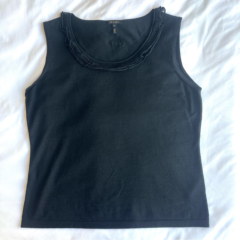 Escada Black Ruffle-Trim Knit Silk Tank Top XL like new